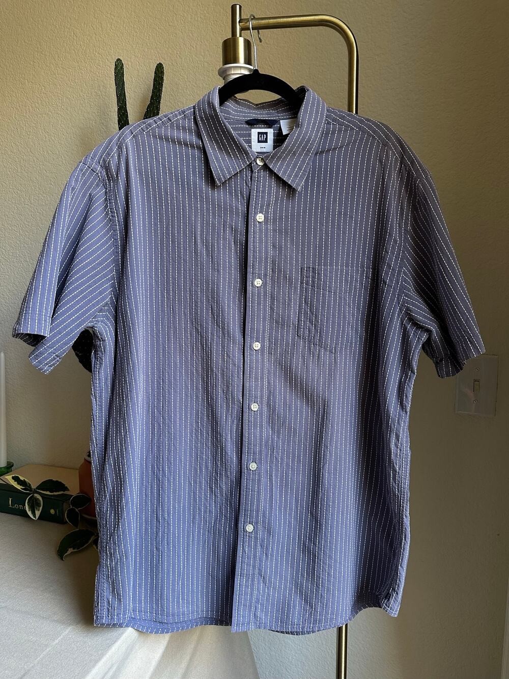 GAP Blue & White Striped Cotton Button Up Short Sleeve Shirt
